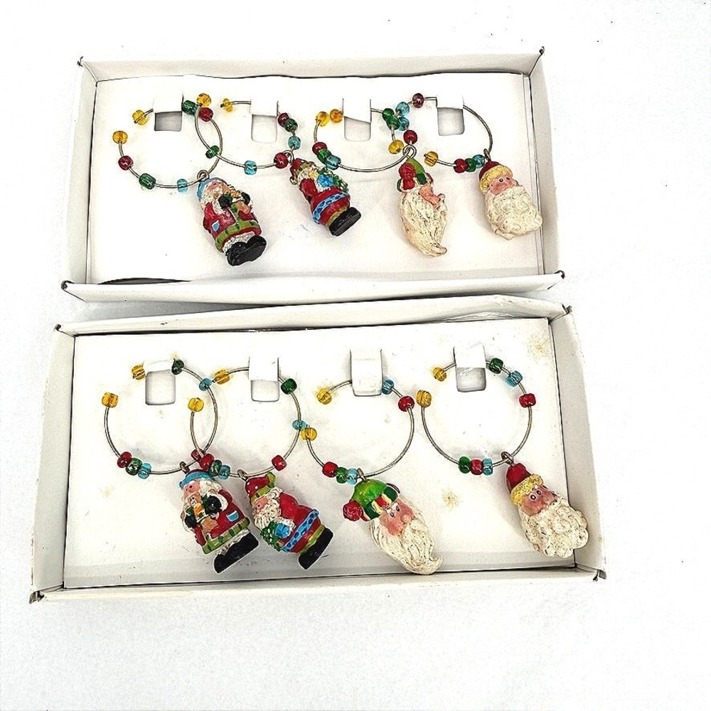 VTG Santas Workbench Wine Charms Christmas Beaded Santas NEW 8pc Set Holiday